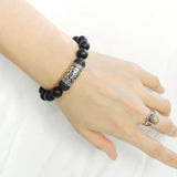 Men Women Matte Black Onyx Lava Rock Bracelet 925 Sterling Silver OM Buddhism Charm DiyNotion Handmade BR1028