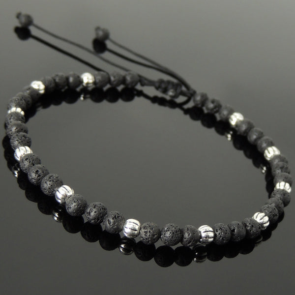 Men's Women Lava Rock Adjustable Braided Bracelet 925 Sterling Silver Beads DiyNotion BR1055