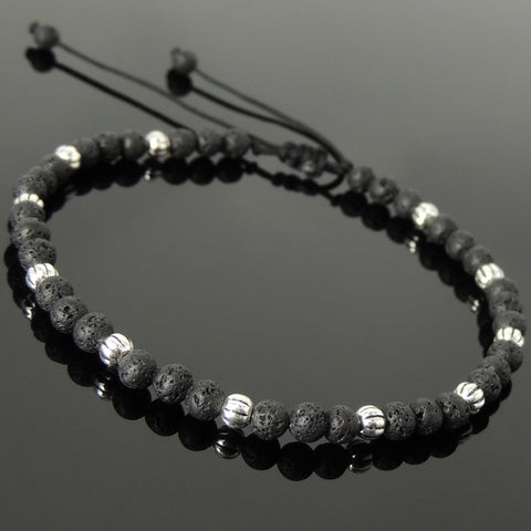 Men's Women Lava Rock Adjustable Braided Bracelet 925 Sterling Silver Beads DiyNotion BR1055