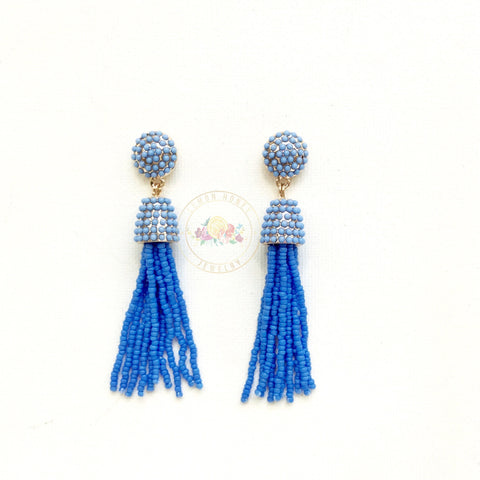 Long Beaded Tassel Earrings Blue, Gold Dangle Statement Earrings, Long Tassel Earrings, Long Dangle Earrings, Gift for Her, Gold Earrings