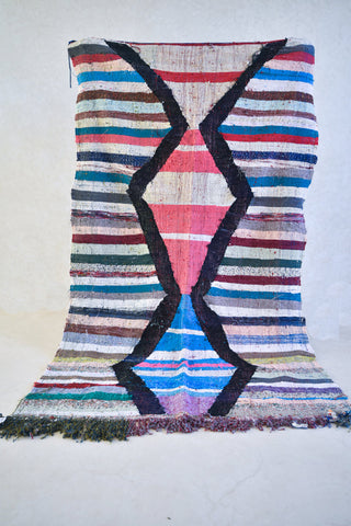 BOUCHEROUITE. Vintage Moroccan Rug. Wool Boucherouite Kilim Carpet. Modern Design.