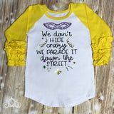 We Don&#39;t Hide Our Crazy Parade Mardi Gras Custom Ruffle Raglan Personalized Shirt Girl Baby Toddler Shirt
