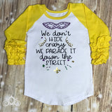 We Don't Hide Our Crazy Parade Mardi Gras Custom Ruffle Raglan Personalized Shirt Girl Baby Toddler Shirt