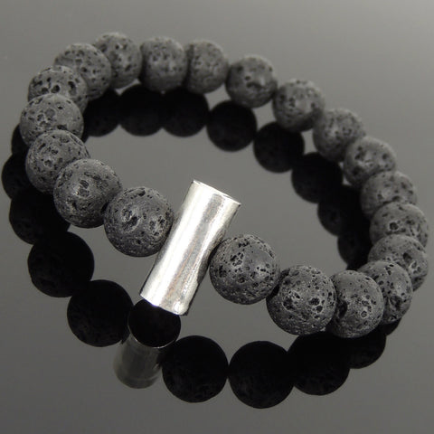 Men Women Lava Rock Bracelet 925 Sterling Silver Barrel Bead DiyNotion Handmade BR1029