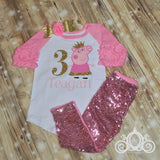 Peppa Pig Birthday Shirt, Ruffle Raglan with Sequin Pants, Personalized Monogram with Glitter Name and Age