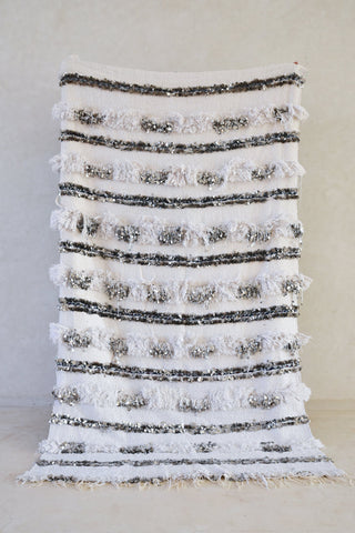 HANDIRA. Vintage Moroccan Rug. Wool Wedding Quilt Blanket. Tribal Sequins + Modern Design.