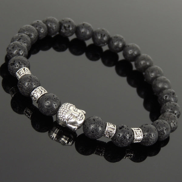 Men's Women Lava Rock Tibetan Silver Bracelet with Buddha Head Bead OM Spacers DiyNotion Handmade T304