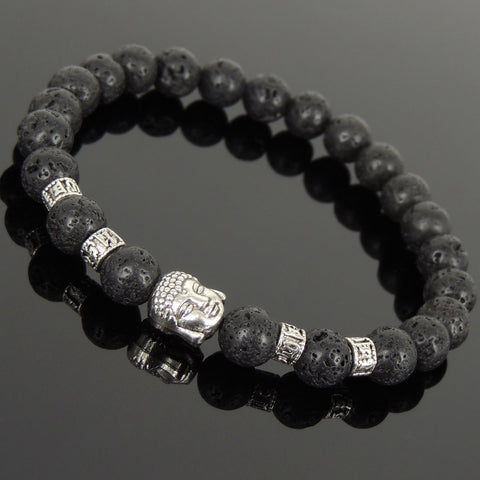 Men's Women Lava Rock Tibetan Silver Bracelet with Buddha Head Bead OM Spacers DiyNotion Handmade T304