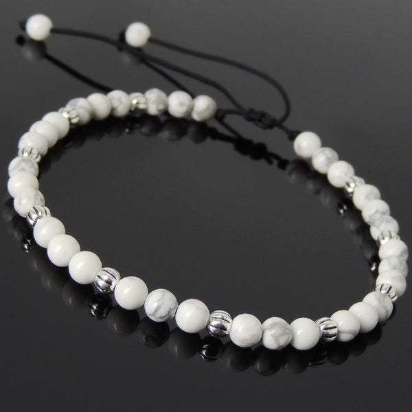 Men's Women White Howlite Adjustable Braided Bracelet 925 Sterling Silver Beads DiyNotion BR1057