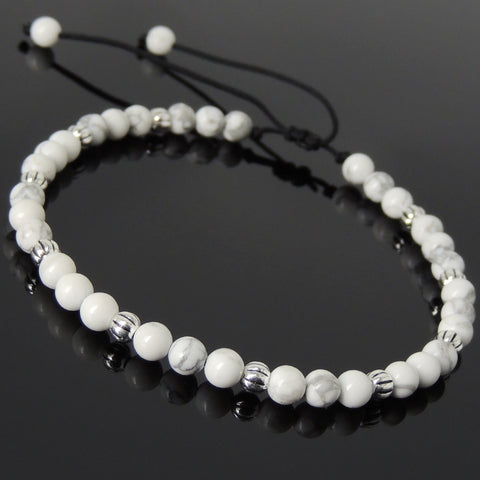 Men's Women White Howlite Adjustable Braided Bracelet 925 Sterling Silver Beads DiyNotion BR1057