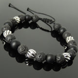 Men's Women Lava Rock Matte Black Onyx Adjustable Braided Bracelet 925 Sterling Silver Beads DiyNotion BR1058