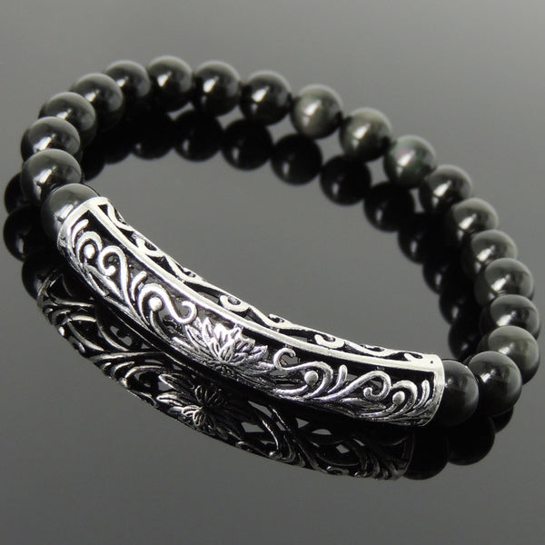 Men's Women Rainbow Black Obsidian Bracelet 925 Sterling Silver Lotus Charm DiyNotion Handmade BR1033