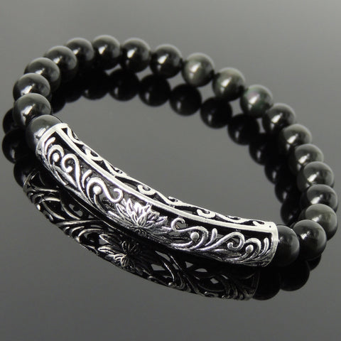 Men's Women Rainbow Black Obsidian Bracelet 925 Sterling Silver Lotus Charm DiyNotion Handmade BR1033