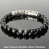 Men's Women Rainbow Black Obsidian Bracelet 925 Sterling Silver Lotus Charm DiyNotion Handmade BR1033