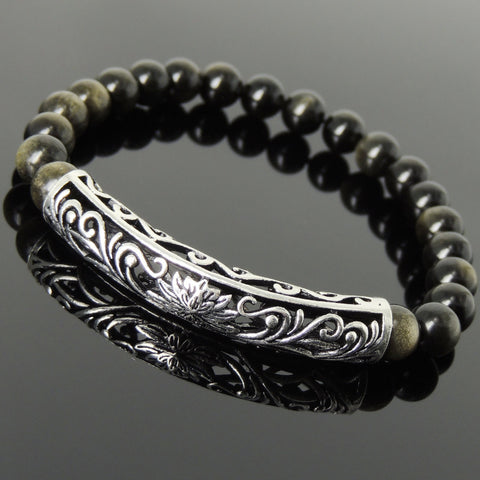 Men's Women Golden Obsidian Bracelet 925 Sterling Silver Lotus Charm DiyNotion Handmade BR1034