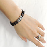 Men's Women Bright Black Onyx Protection Double-wrap Bracelet 925 Sterling Silver Lotus Charm DiyNotion BR864