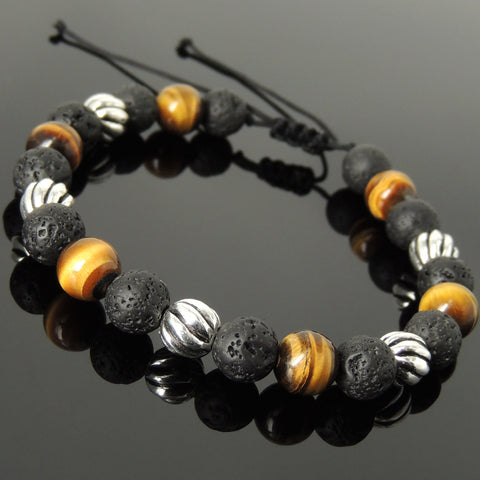 Men's Women Lava Rock Brown Tiger Eye Adjustable Braided Bracelet 925 Sterling Silver Beads DiyNotion BR1059