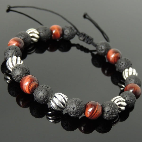 Men's Women Lava Rock Red Tiger Eye Adjustable Braided Bracelet 925 Sterling Silver Beads DiyNotion BR1060
