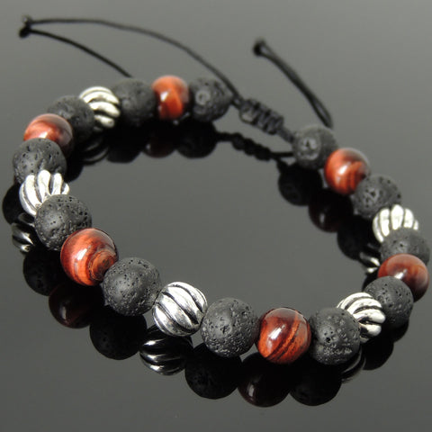 Men's Women Lava Rock Red Tiger Eye Adjustable Braided Bracelet 925 Sterling Silver Beads DiyNotion BR1060