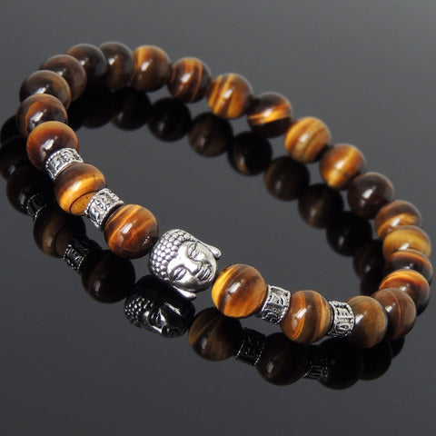 Men's Women Brown Tiger Eye Tibetan Silver Bracelet with Buddha Bead OM Spacers DiyNotion Handmade T312