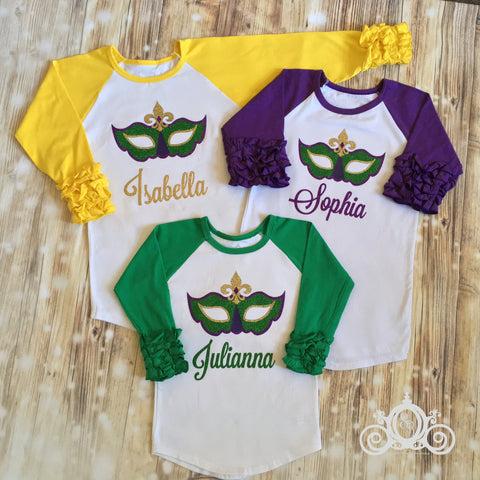 Mardi Gras Mask Custom Ruffle Raglan Personalized Shirt Girl Baby Toddler Shirt