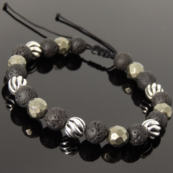Men's Women Lava Rock Gold Pyrite Adjustable Braided Bracelet 925 Sterling Silver Beads DiyNotion BR1062