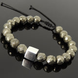Men's Women Faceted Gold Pyrite Adjustable Braided Bracelet 925 Sterling Silver Cube Bead DiyNotion BR1064