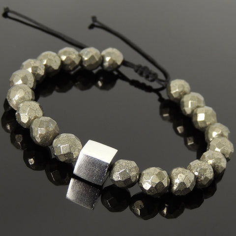 Men's Women Faceted Gold Pyrite Adjustable Braided Bracelet 925 Sterling Silver Cube Bead DiyNotion BR1064