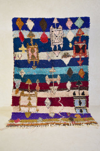 BOUCHEROUITE. Vintage Moroccan Rug. Wool Boucherouite Carpet. Modern Design.