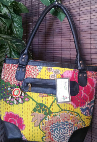 Yellow kantha hand bag, kantha shoulder bag, ethnic bag, handmade bags, boho bags, Tote Bag, Embroidered Purse, Floral bag, Hippie bag