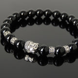 Men's Women Bright Black Onyx Tibetan Silver Bracelet with Buddha Head Bead OM Spacers DiyNotion Handmade T308