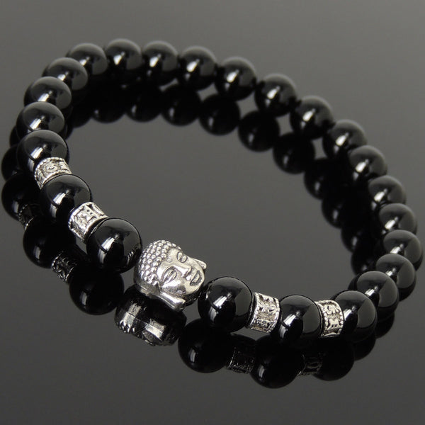 Men's Women Bright Black Onyx Tibetan Silver Bracelet with Buddha Head Bead OM Spacers DiyNotion Handmade T308