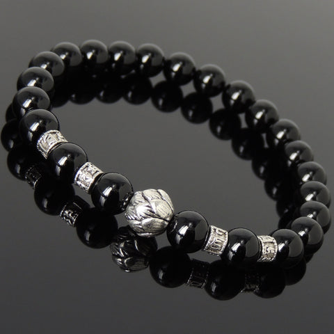 Men's Women Bright Black Onyx Tibetan Silver Bracelet with Lotus Bead OM Spacers DiyNotion Handmade T309