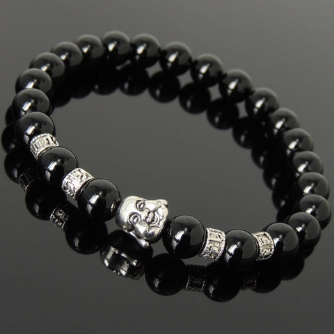 Men's Women Bright Black Onyx Tibetan Silver Bracelet with Smiling Buddha Head Bead OM Spacers DiyNotion Handmade T310