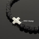 Men's Women Lava Rock Adjustable Braided Bracelet 925 Sterling Silver Cross Charm DiyNotion BR1065