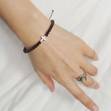 Men's Women Smoky Quartz Adjustable Braided Bracelet 925 Sterling Silver Cross Charm DiyNotion BR1066