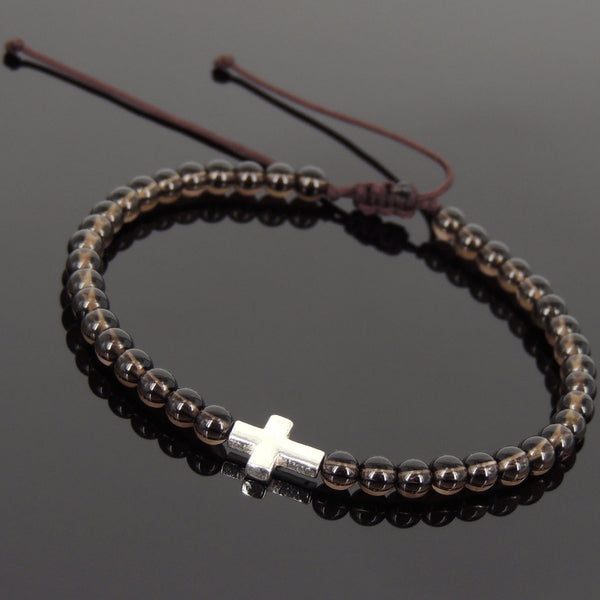 Men's Women Smoky Quartz Adjustable Braided Bracelet 925 Sterling Silver Cross Charm DiyNotion BR1066