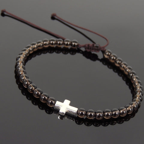 Men's Women Smoky Quartz Adjustable Braided Bracelet 925 Sterling Silver Cross Charm DiyNotion BR1066