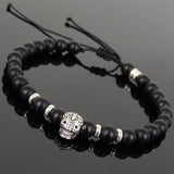 Men's Women Matte Black Onyx Adjustable Braided Bracelet 925 Sterling Silver Skull & Spacers DiyNotion BR1067