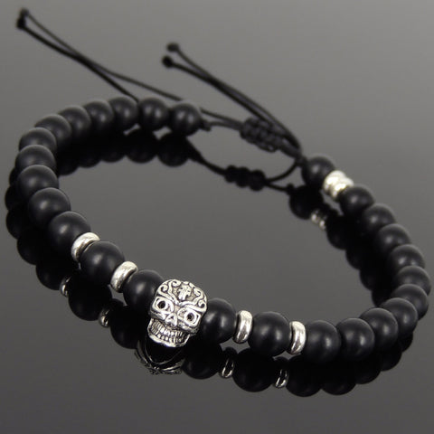 Men's Women Matte Black Onyx Adjustable Braided Bracelet 925 Sterling Silver Skull & Spacers DiyNotion BR1067