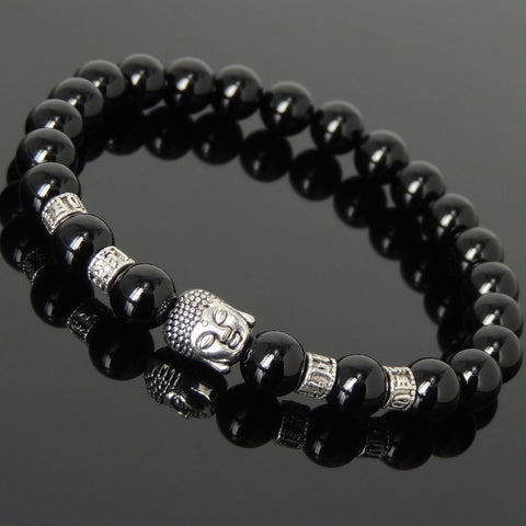 Men's Women Bright Black Onyx Tibetan Silver Bracelet with Sakyamuni Buddha Head Bead OM Spacers DiyNotion Handmade T311