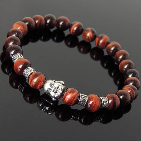 Men's Women Red Tiger Eye Tibetan Silver Bracelet with Smiling Buddha Bead OM Spacers DiyNotion Handmade T318
