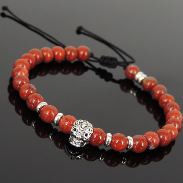 Men's Women Red Jasper Stone Adjustable Braided Bracelet 925 Sterling Silver Skull & Spacers DiyNotion BR1068