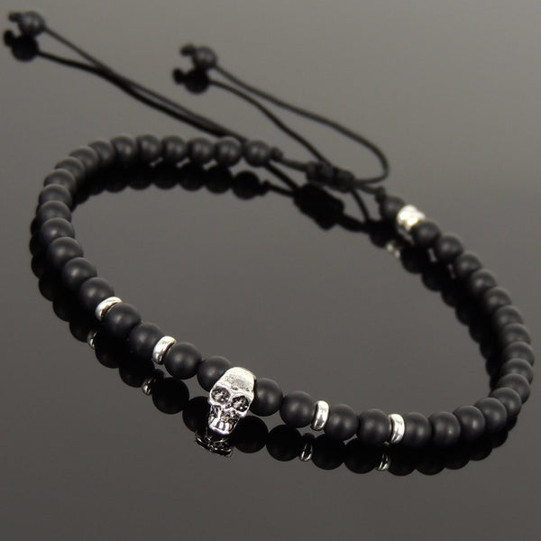 Men's Women Matte Black Onyx Adjustable Braided Bracelet 925 Sterling Silver Skull & Spacers DiyNotion BR1070