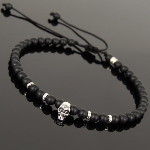 Men's Women Matte Black Onyx Adjustable Braided Bracelet 925 Sterling Silver Skull & Spacers DiyNotion BR1070