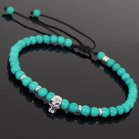 Men's Women Enhanced Blue Turquoise Adjustable Braided Bracelet 925 Sterling Silver Skull & Spacers DiyNotion BR1072