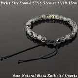 Men's Women Black Rutilated Quartz Adjustable Braided Bracelet 925 Sterling Silver Fleur de Lis Bead DiyNotion BR1073