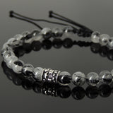 Men's Women Black Rutilated Quartz Adjustable Braided Bracelet 925 Sterling Silver Fleur de Lis Bead DiyNotion BR1073