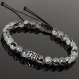 Men's Women Black Rutilated Quartz Adjustable Braided Bracelet 925 Sterling Silver Fleur de Lis Bead DiyNotion BR1073