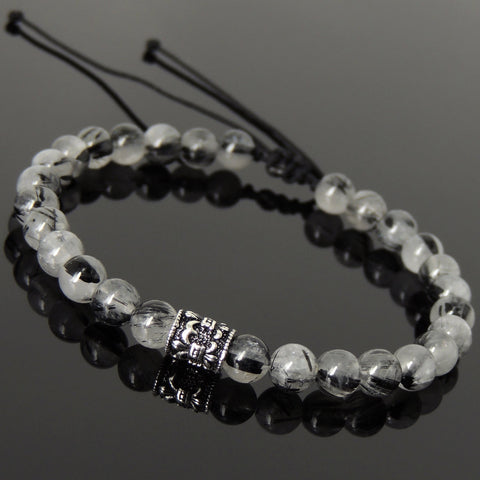 Men's Women Black Rutilated Quartz Adjustable Braided Bracelet 925 Sterling Silver Fleur de Lis Bead DiyNotion BR1073
